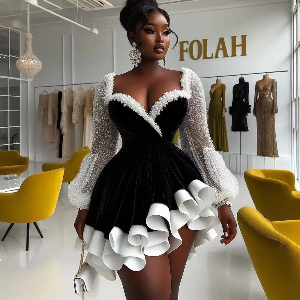 Fashionable Chic Black Girls Short Birthday Dress Black and White Ruffle Beaded Lace African Formal Party Dresses Asymmetrical P